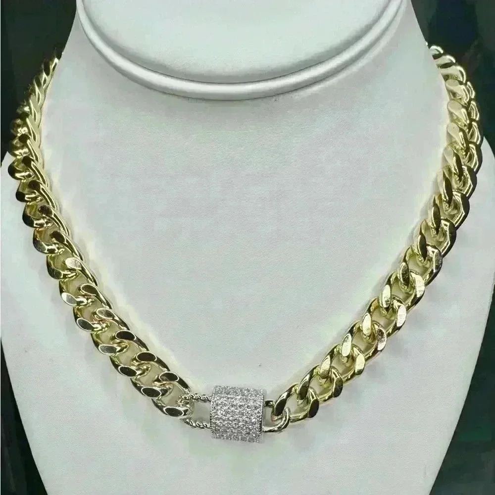 Gold Chunky Pave Lock On Cuban Link Chain Magnetic Closure - Picture 3 of 5